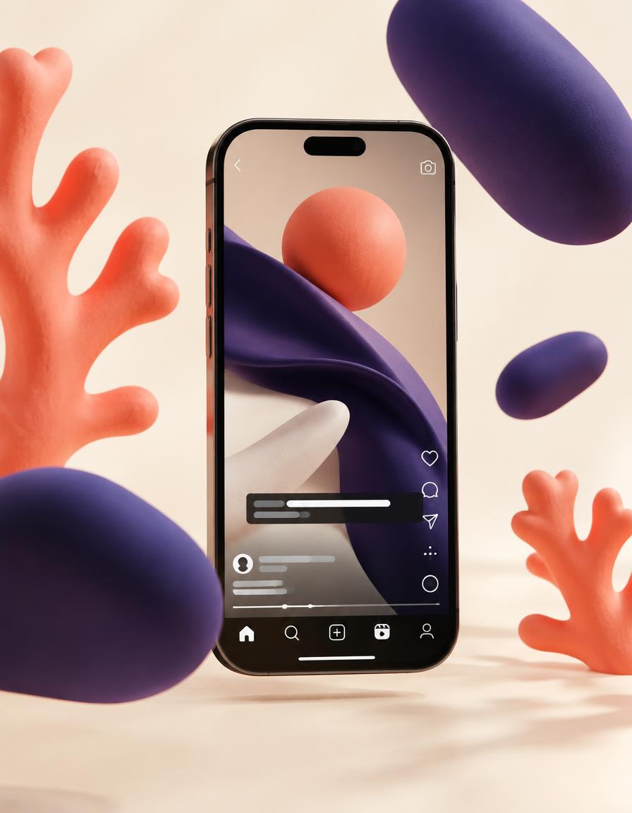 Smartphone mit Reel-Ansicht zwischen abstrakten Formen in Koralle und Violett